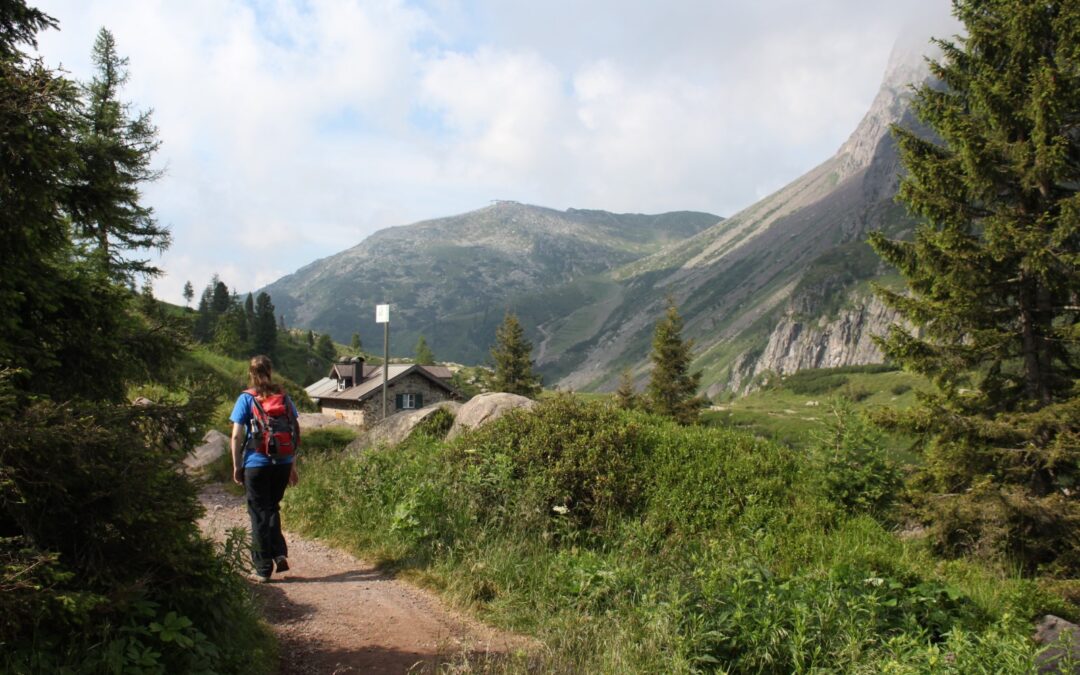 Escursionista in Primiero con bastoncini da Trekking